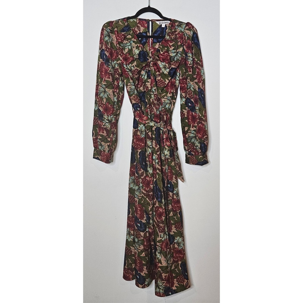 Water Baker‎ Viva Dress Royal Garden Floral Long Sleeve Midi Dress Womens L